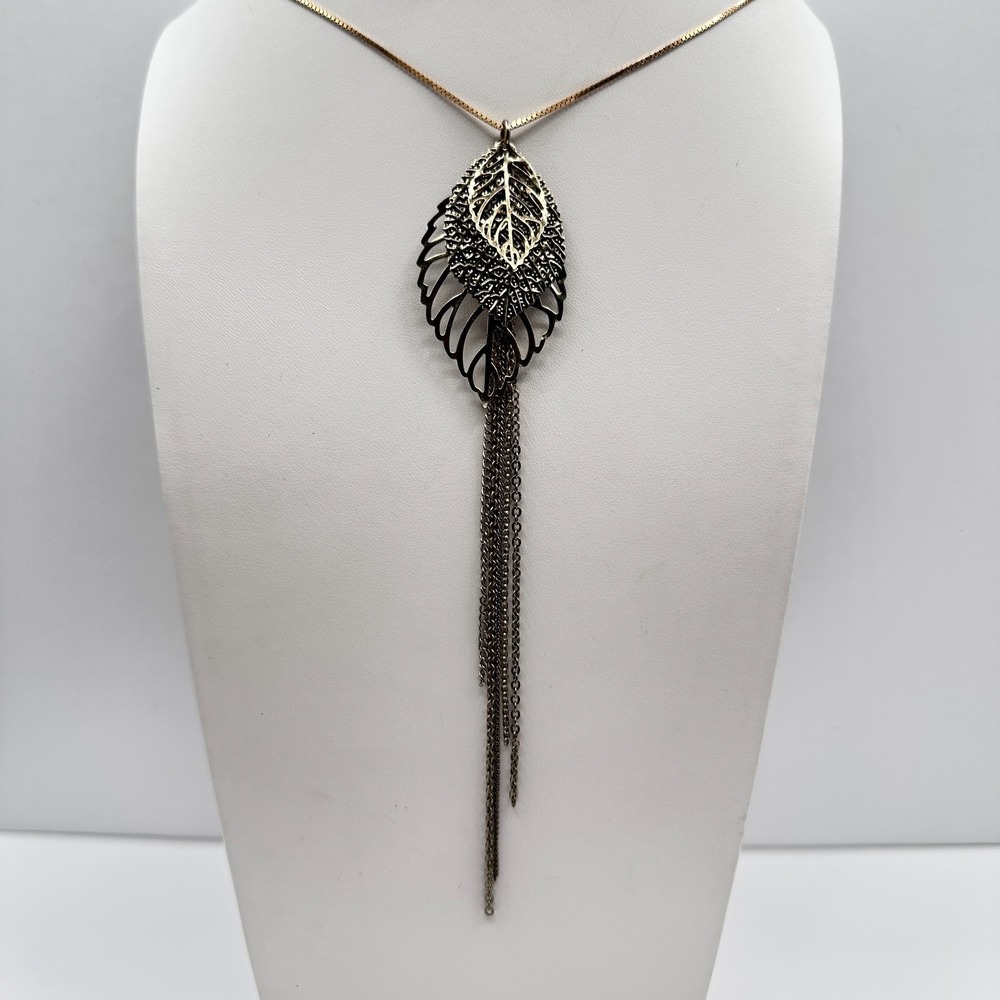 Vintage 90s Gold Tone Leaf Tassel Necklace Box Chain Boho Statement Pendant